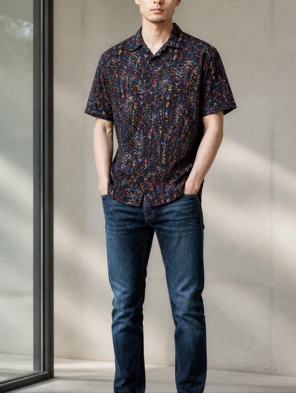 yd. Short Sleeve Camp Shirt in Black with Multi-Color Speckle